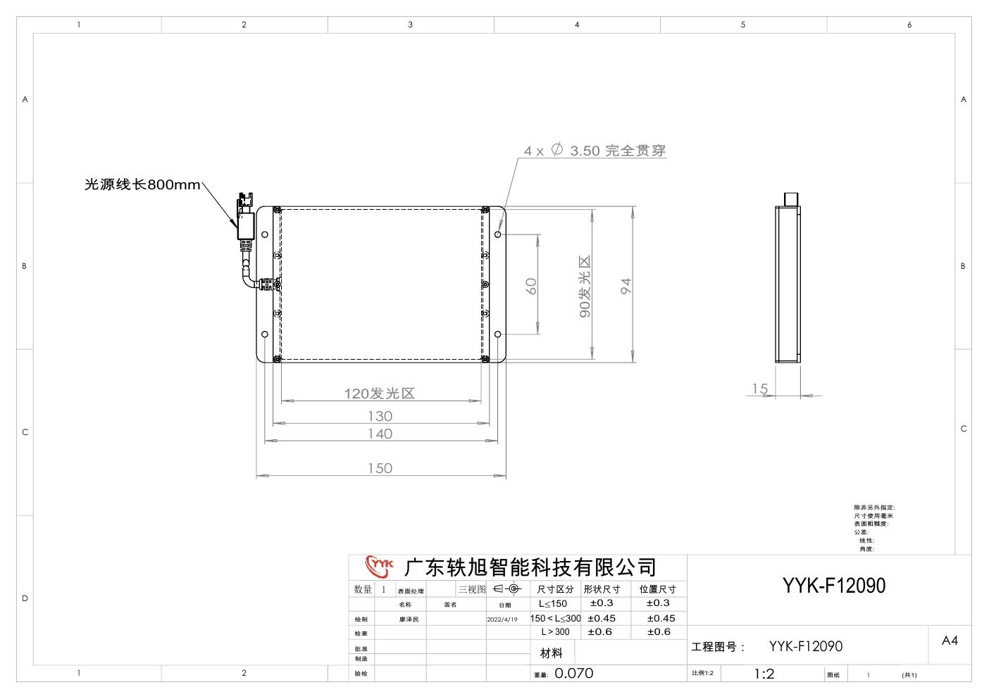YYK-F12090 底部背光源 尺寸图